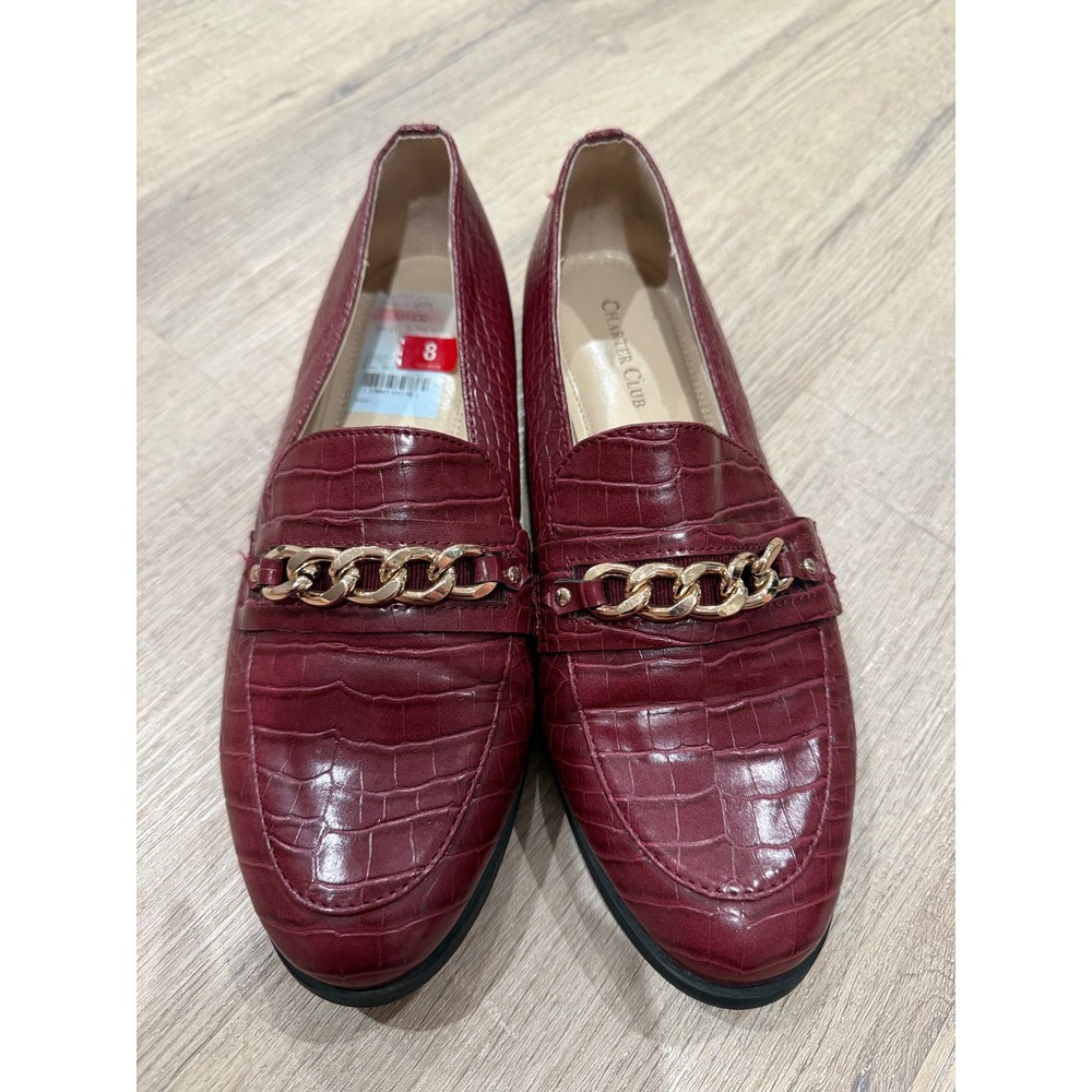 Charter Club Burgundy Croc Embossed Gold Chain Link Loafers Womens 8M